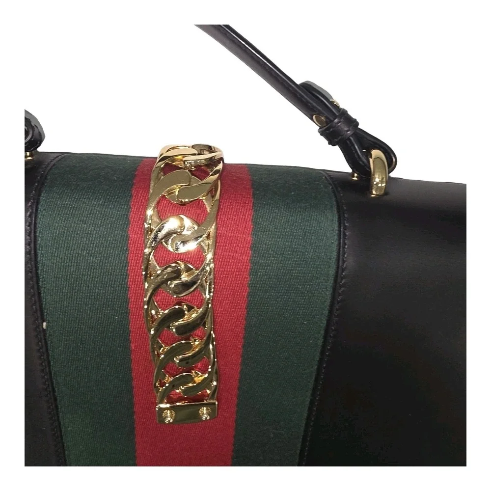 Gucci Sylvie 1969 leather handbag Maxi Size Black Striped Red Green Gold Chain